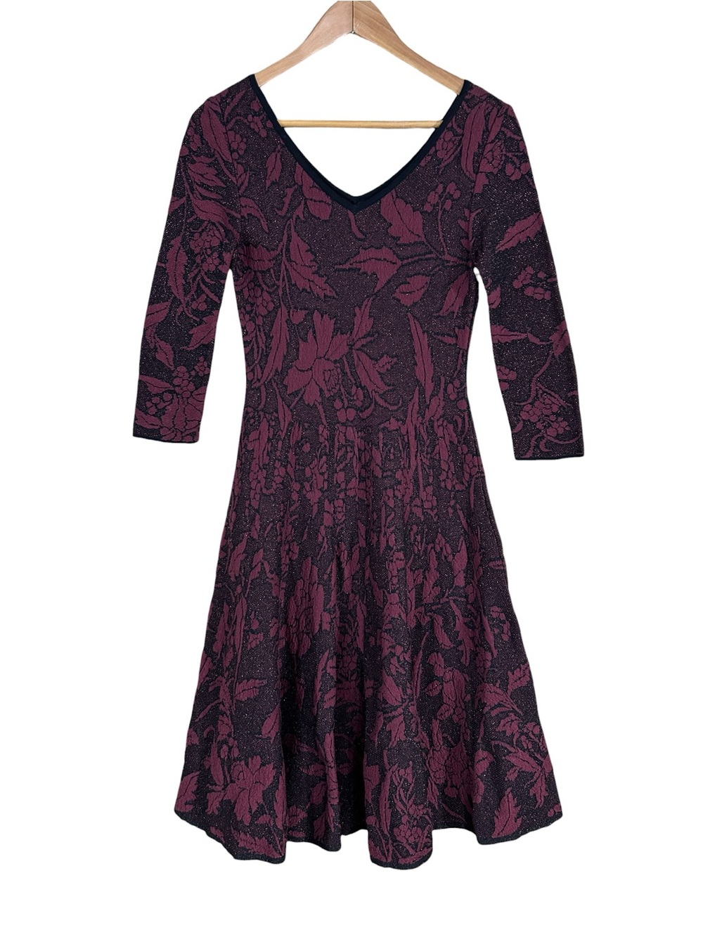 Peruvian Connection maroon floral knit dress SIZE XS pima cotton metallic